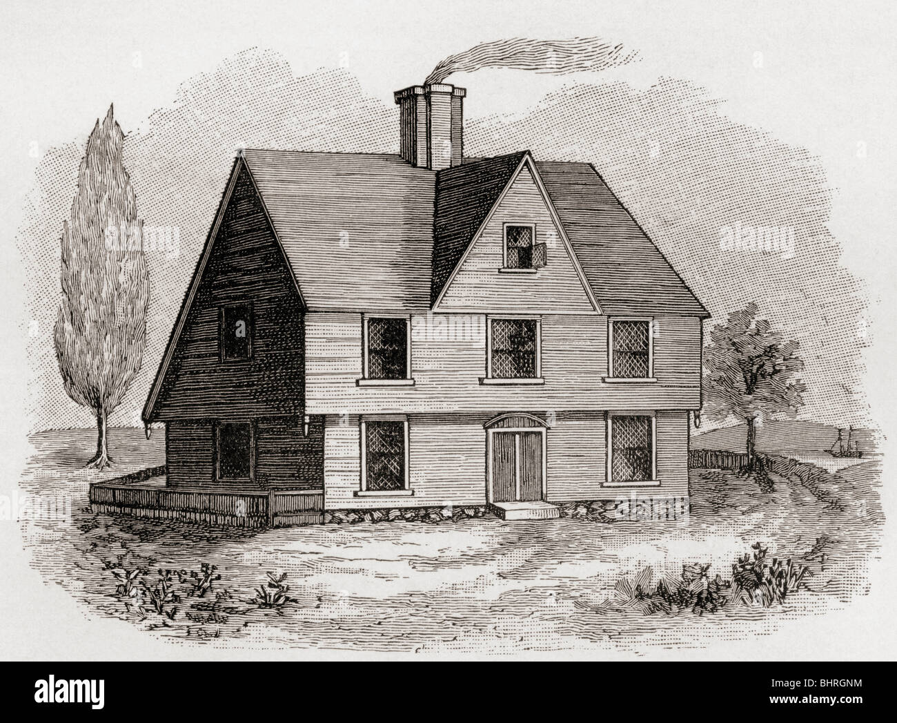 Allyn House, New Plymouth, North America. Built by one of the Pilgrim Fathers, demolished 1826. Stock Photo