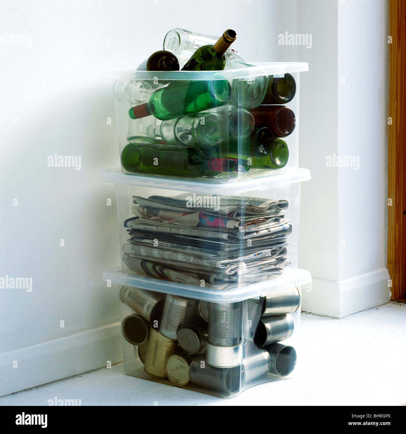 Recycling boxes stacked up Stock Photo Alamy