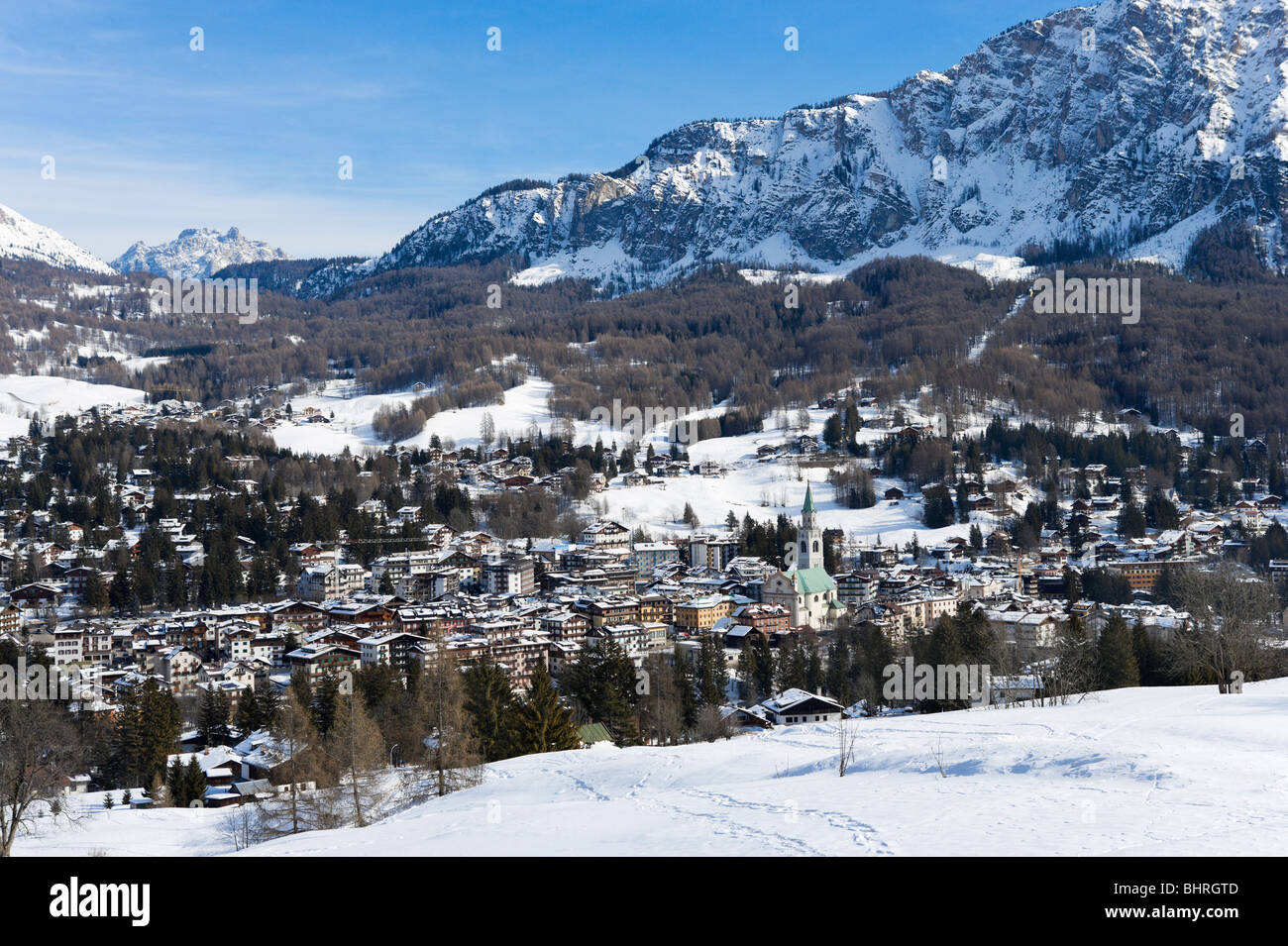 View over the resort of Cortina d'Ampezzo, Dolomites, Italy Stock Photo