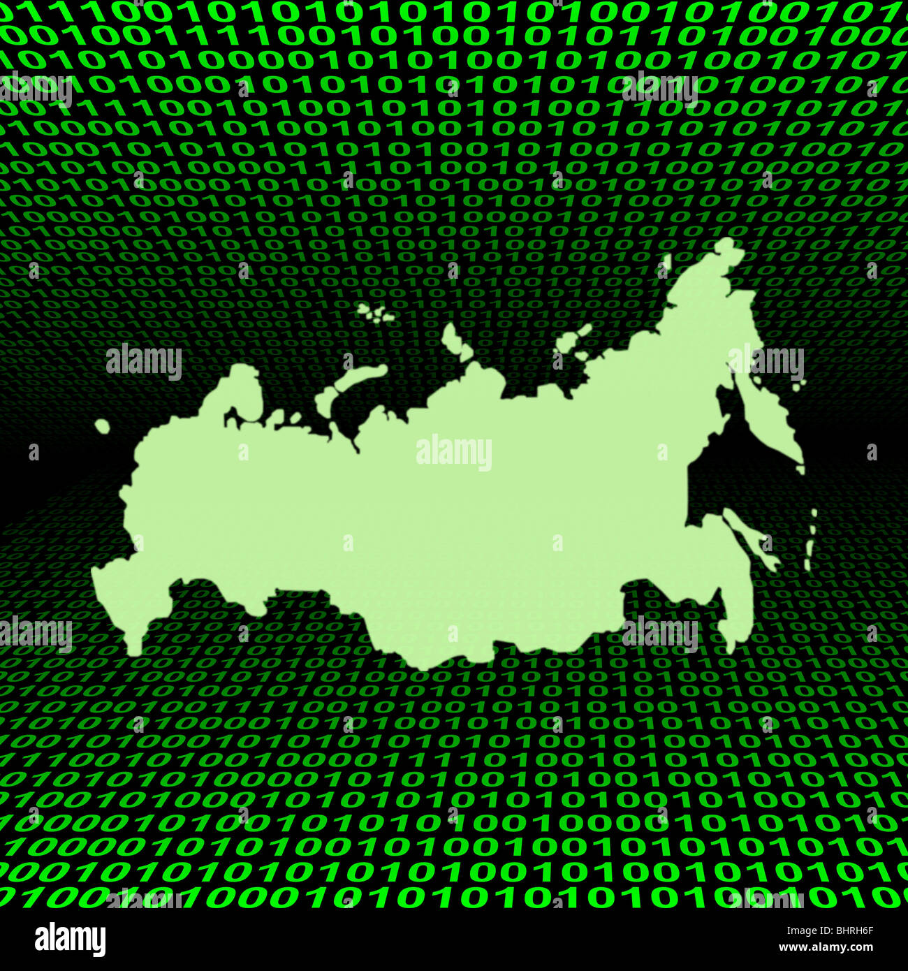 glowing Russian Federation map over green binary code illustration Stock Photo