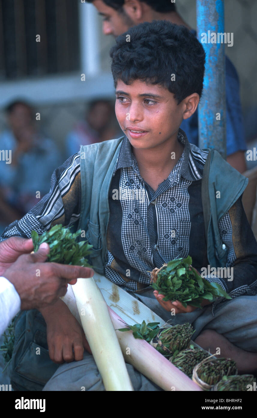 A Yemani boy selling qat in the market, Al Mukalla, Yemen. Stock Photo