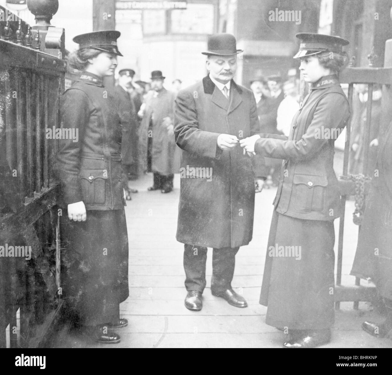 Women ticket collectors, London Bridge Station, London, May 1915. Artist: Unknown Stock Photo