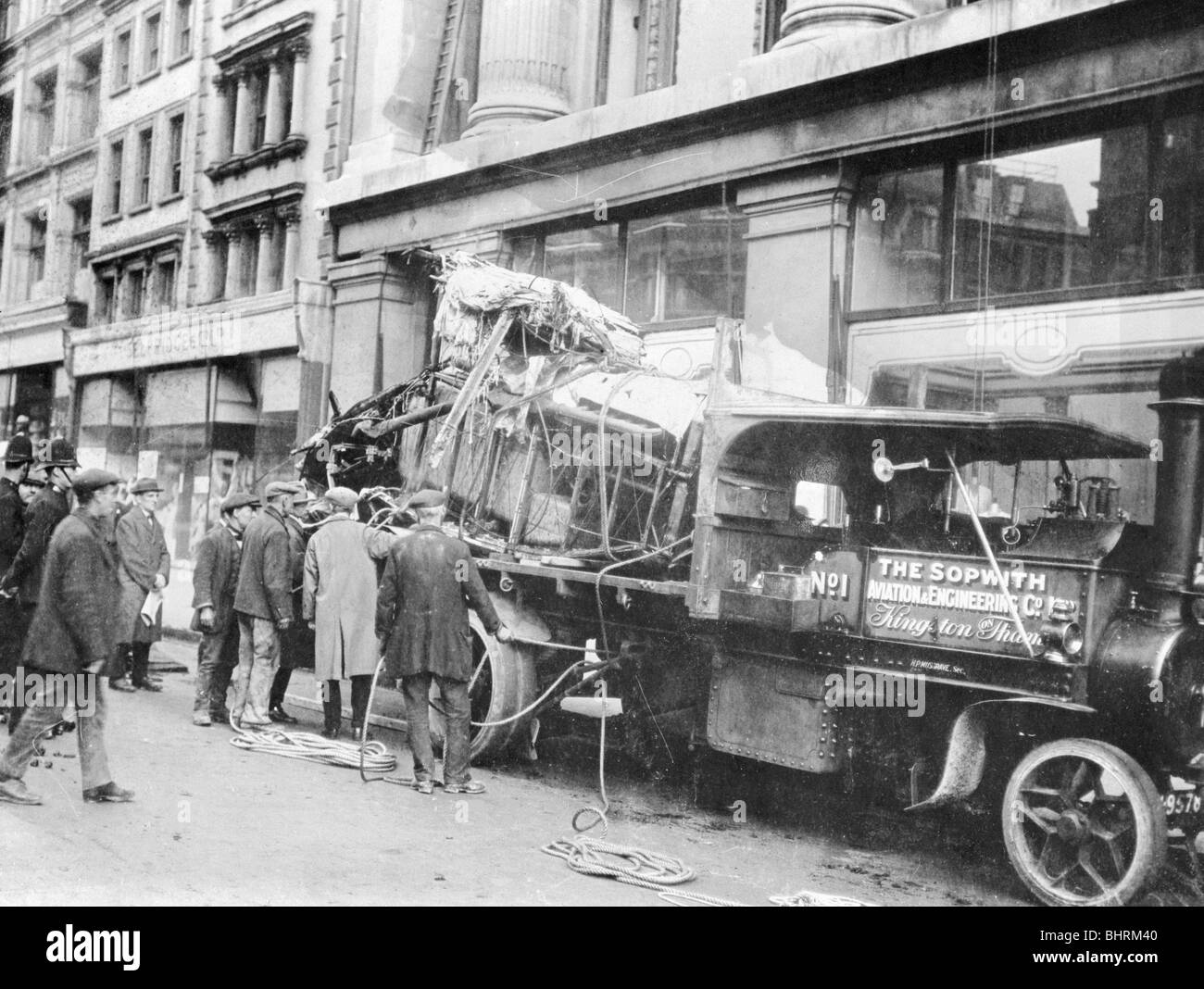 Wrecked Sopwith Atlantic aircraft from the Atlantic crossing attempt, Oxford Street, London, 1919. Artist: Unknown Stock Photo