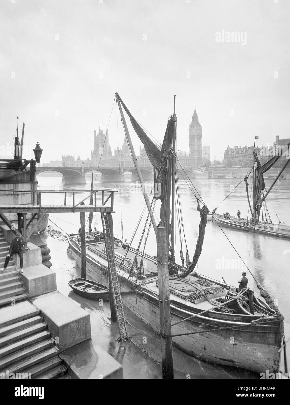 Houses of Parliament from the River Thames, Lambeth, London, c1920s. Artist: George Davison Reid Stock Photo