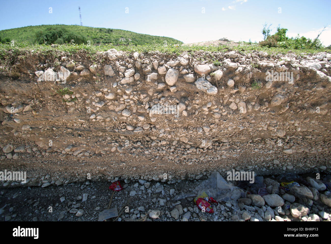 Layers of sedimentation along stream bed in Haiti Stock Photo