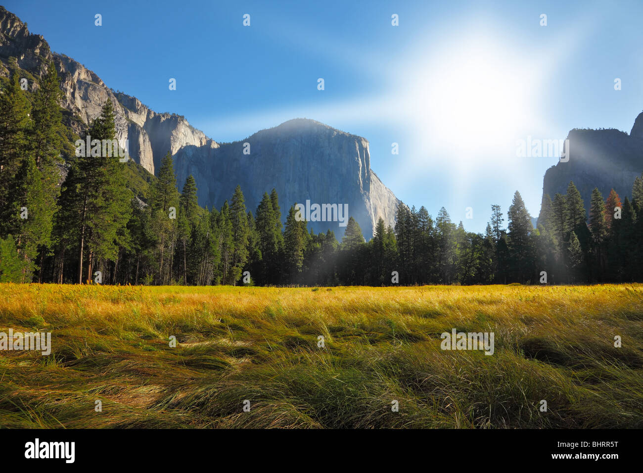 Grandiose landscape in a valley world-wide well-known Yosemite park. Sunrise, autumn Stock Photo