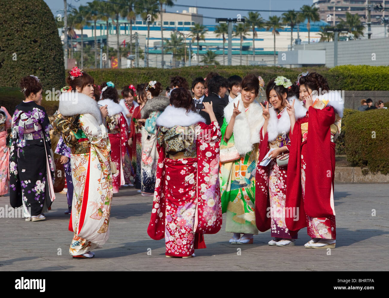 Japanese girls in Kimono on Coming of Age Day (Seijin no hi) Stock Photo