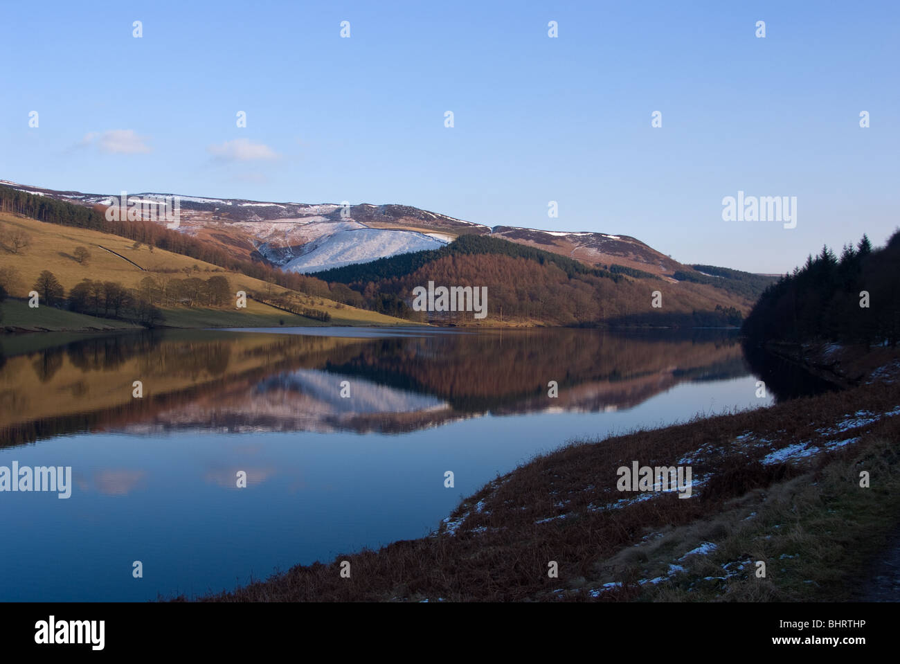 Snow topped hill side at the Ladybower Reservoir in February 2010 ...