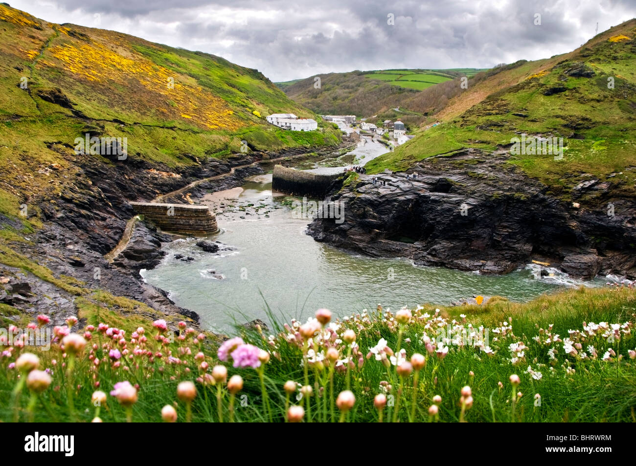 A view towards the village of Boscastle in Cornwall, England, from the cliffs above the harbour Stock Photo