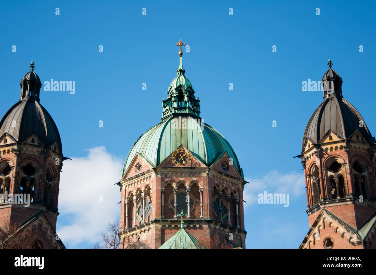 Towers and cupola of the St. Lukas Church, Munich, Upper Bavaria, Germany, Europe Stock Photo