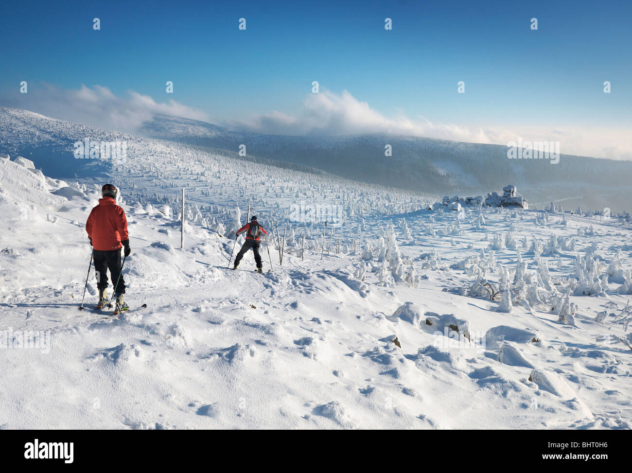 Two skiers in winter Karkonosze Mountains, Poland Stock Photo