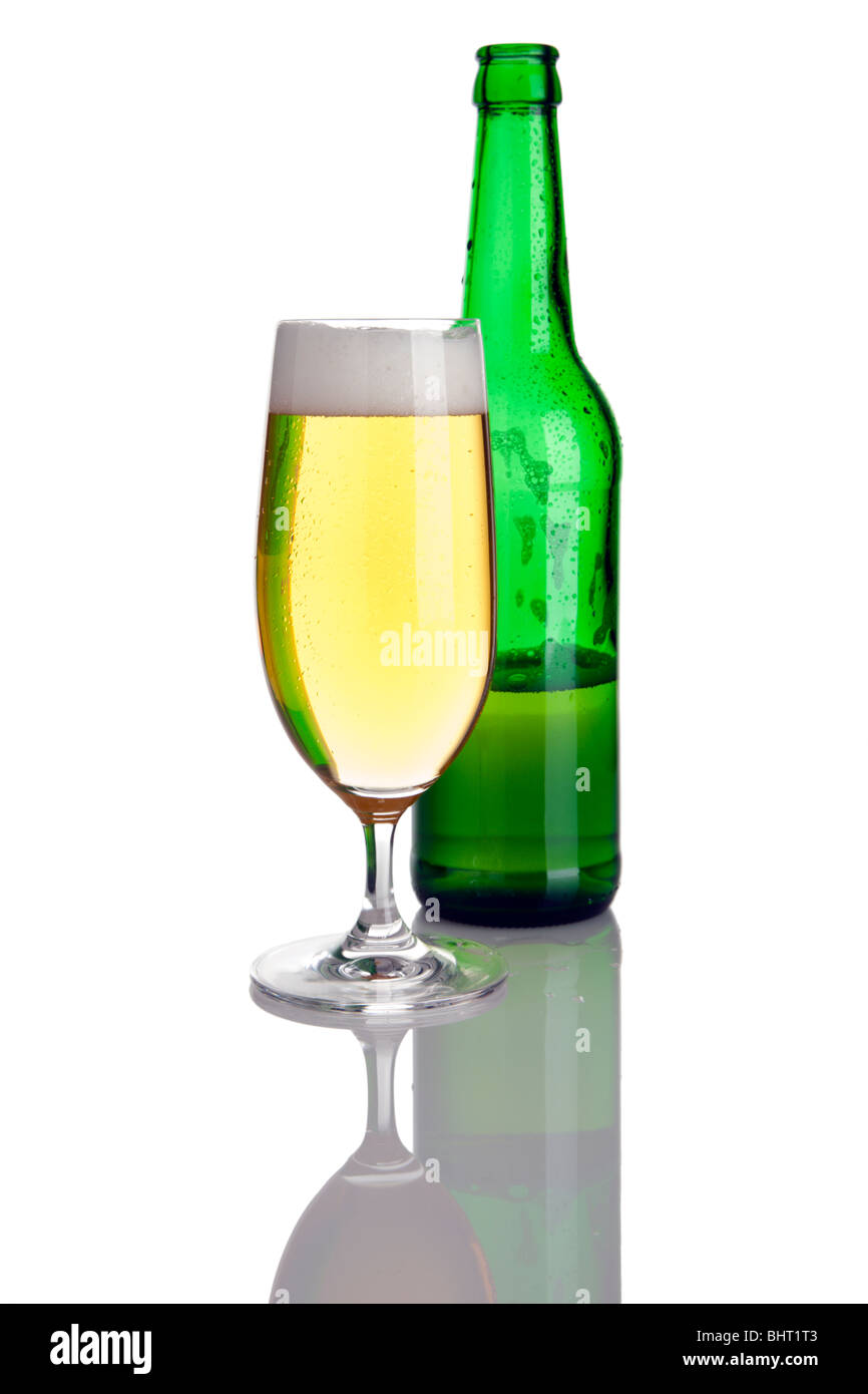 green bottle without label and glass of lager beer, cutout Stock Photo