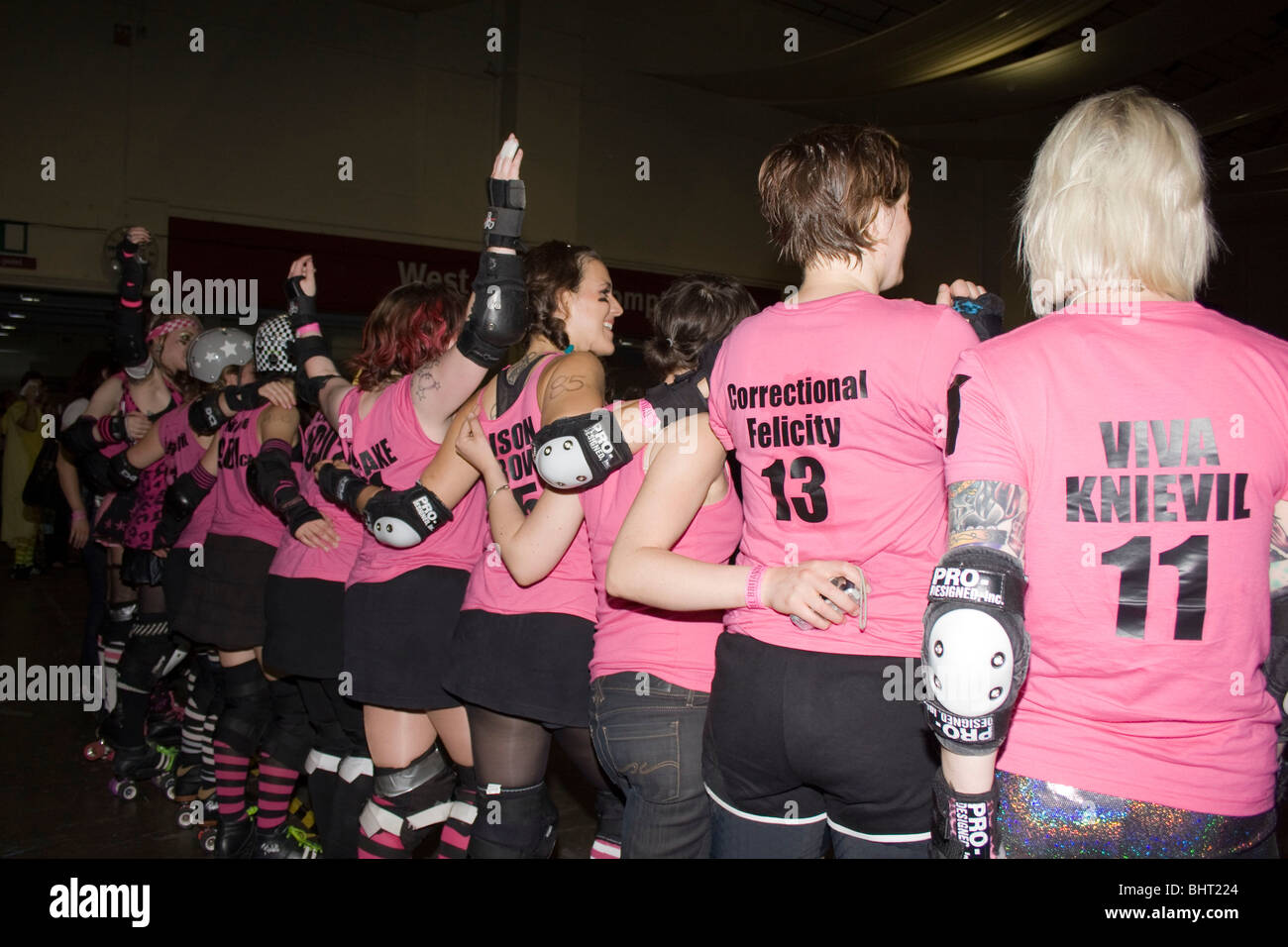 London Roller Girls at the end of international roller derby Roll Britannia Stock Photo