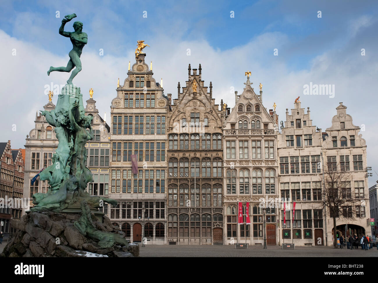 Antwerp; Brabo Fountain and historic buildings in Grote Markt square in Antwerp Belgium Stock Photo