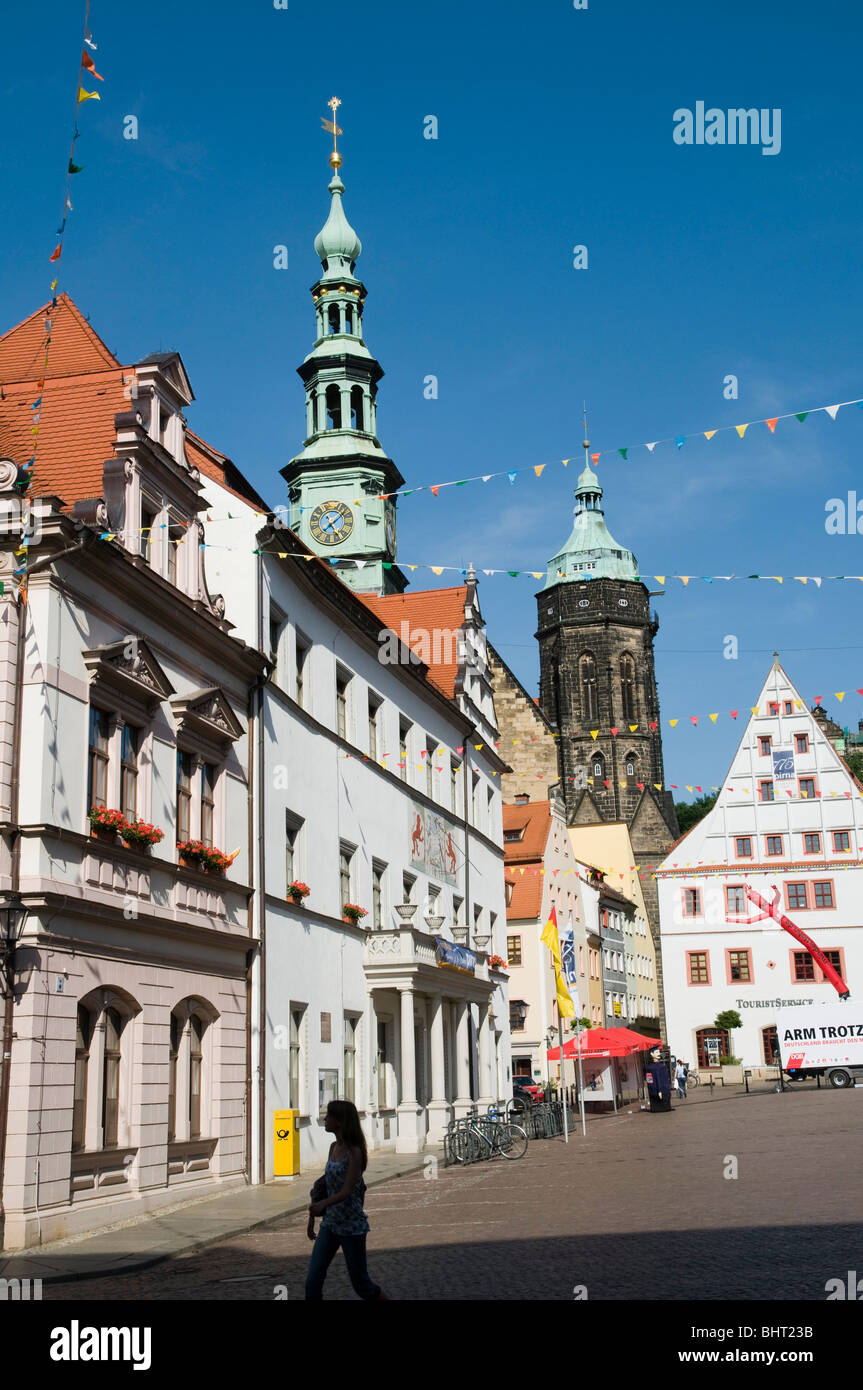 Market place in Pirna, guildhall and church St. Mary, Saxony, Germany Stock Photo