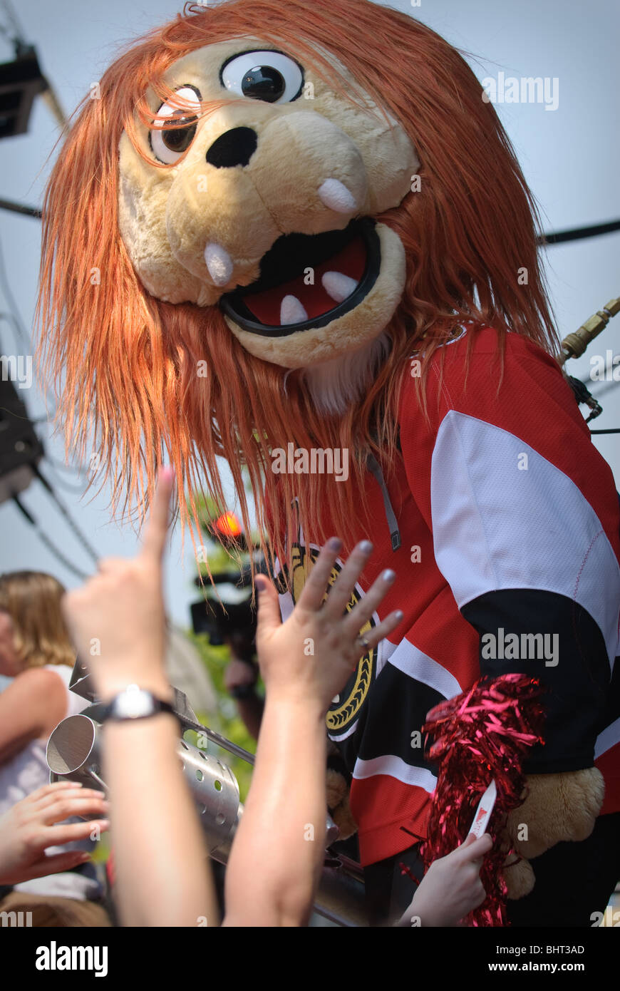The Ottawa Senators official mascot 'Spartacat' attending a pep rally for the Stanley Cup Finals bound NHL team. May 24th 2007 Stock Photo