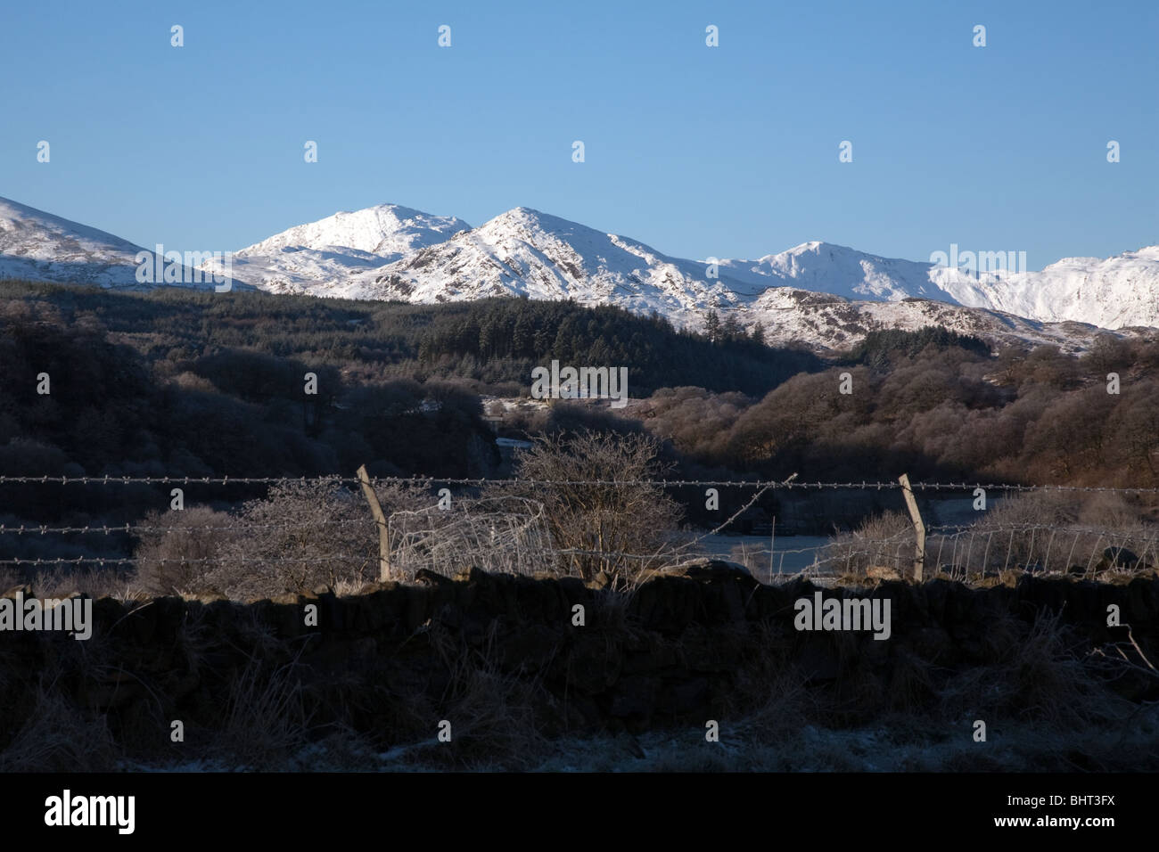 Snow capped mountains in Gwynedd, North Wales, UK. road view from Dolwyddelan Stock Photo