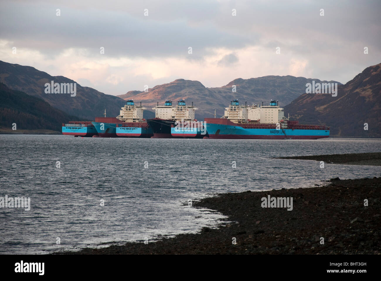 Six ship raft of mothballed Maersk Container Ships Loch Striven Stock Photo