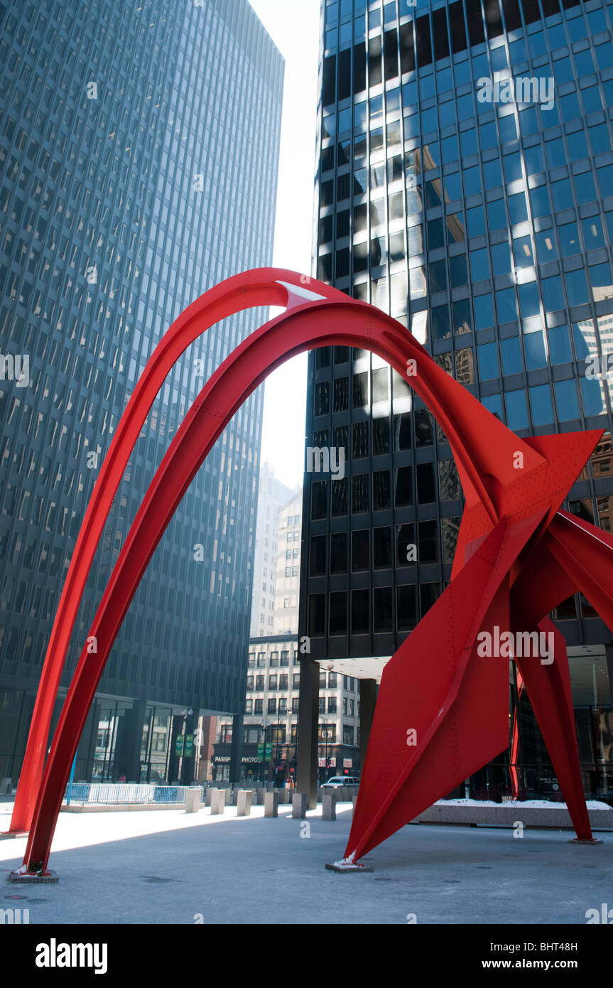 Alexander Calder’s Flamingo sculpture in Federal Plaza in downtown Chicago’s Loop on Sunday, Feb. 14, 2010. Stock Photo