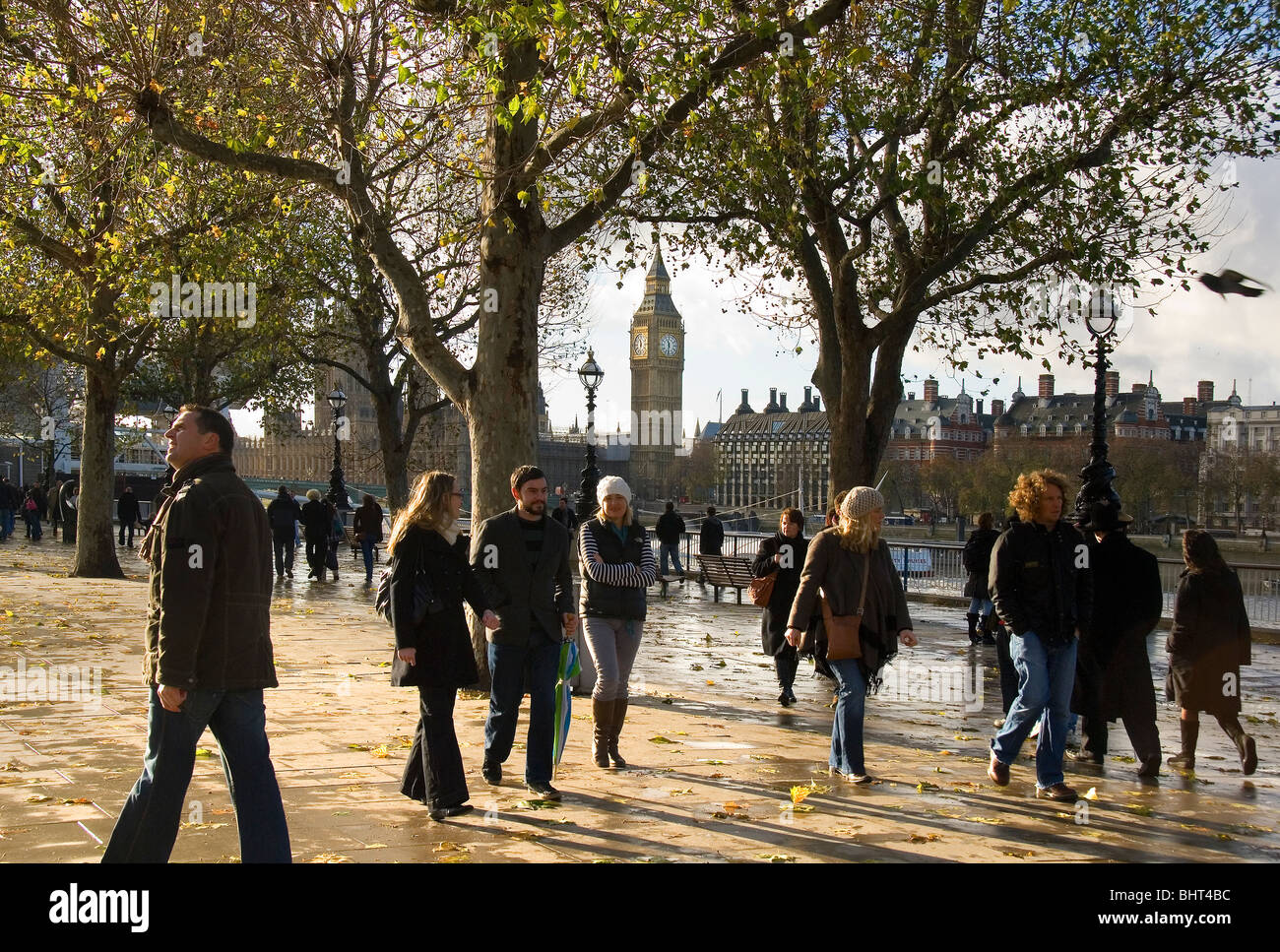 Pedestrians at the South Bank, Big Ben, clock tower, Houses of Parliament, London, England, United Kingdom, Europe Stock Photo