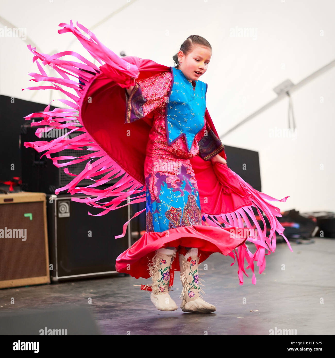 Young Native Canadian girl dancing, Festival du Voyageur, Winnipeg, Manitoba Canada. Stock Photo