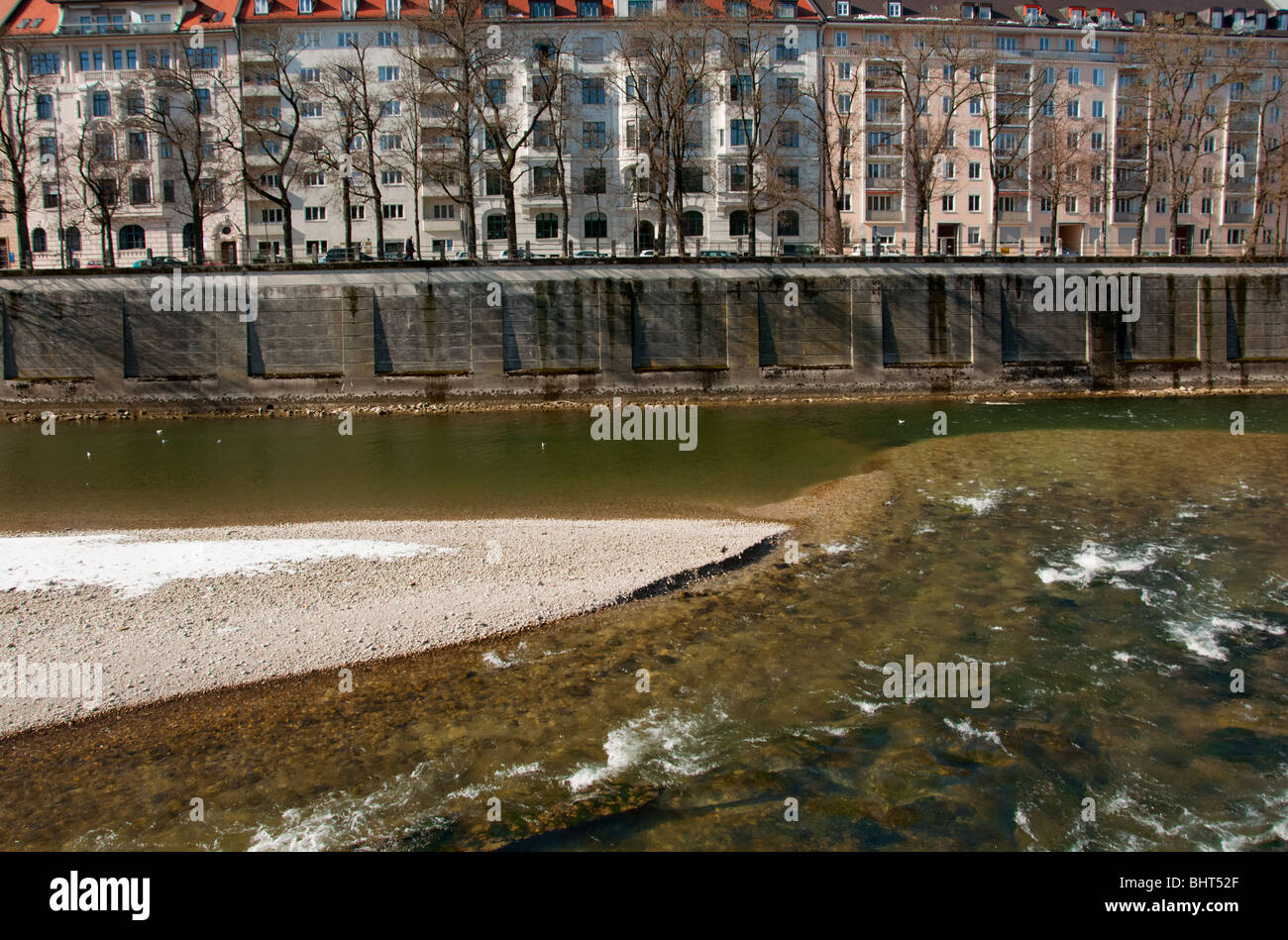 Apartment blocks over the river Isar in Munich, Germany Stock Photo
