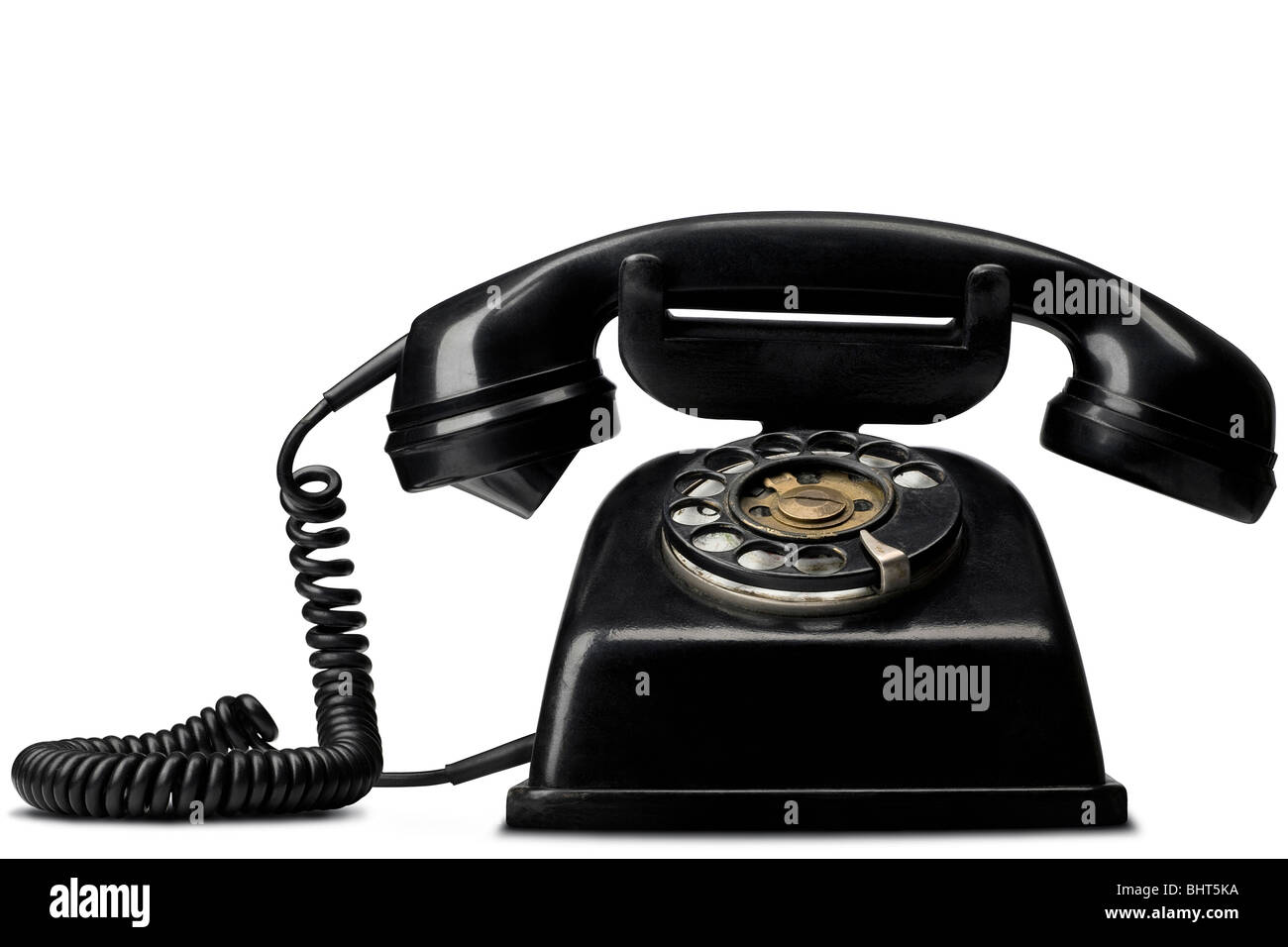 a vintage black telephone on white - with clipping path (works fine as a silhouette, too) Stock Photo