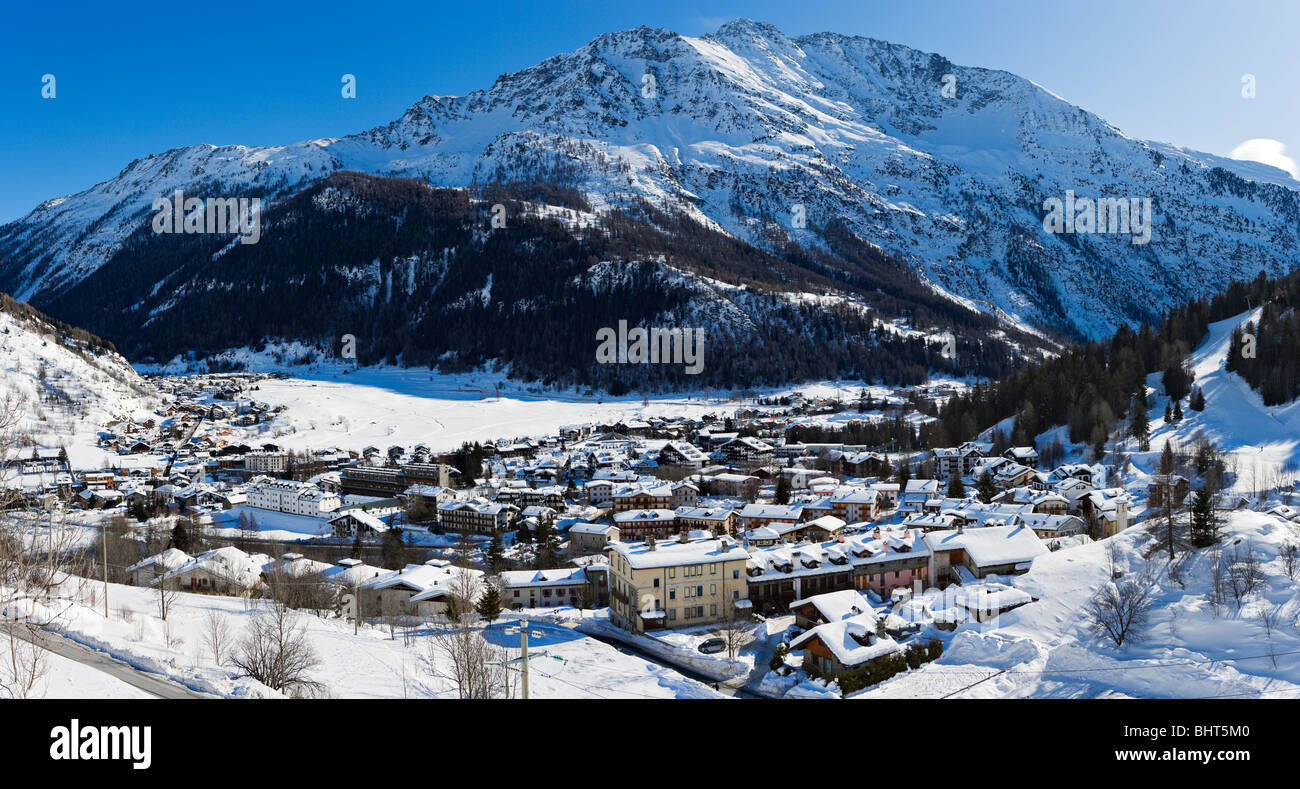 Panoramic view over the resort, La Thuile, Aosta Valley, Italy Stock Photo