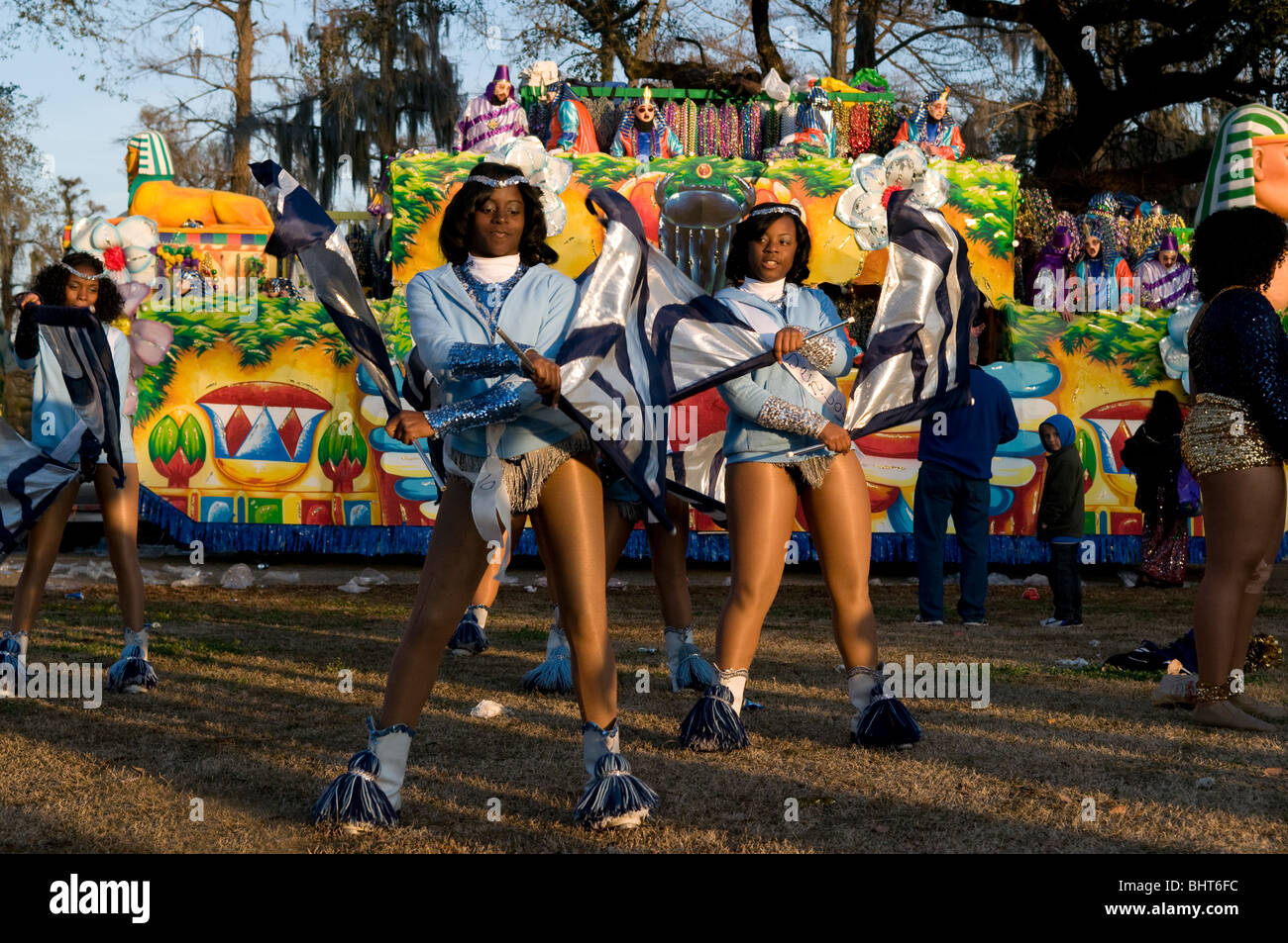 Flag twirlers, Endymion, Mardi Gras, New Orleans, Louisiana Stock Photo