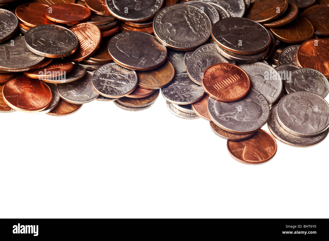 pennies, nickles, dimes, and quarters macro background Stock Photo