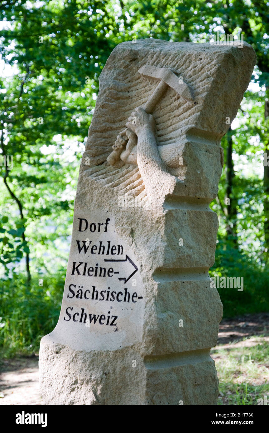 Signposts Rock Signpost of rock in forest near Stadt Wehlen, Saxon Switzerland, Saxony ...