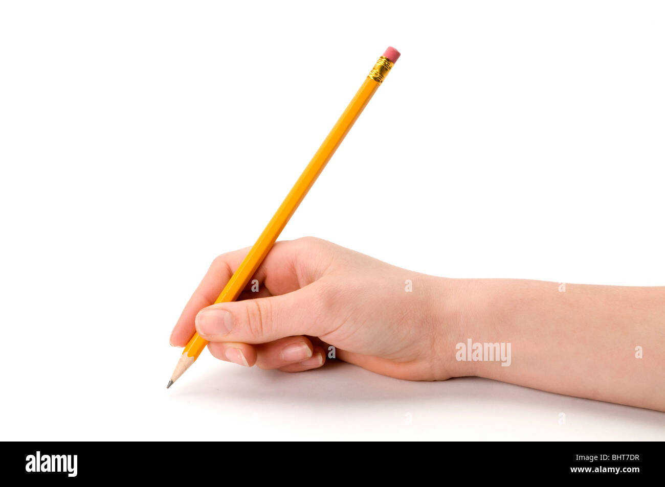hand on white with pencil Stock Photo