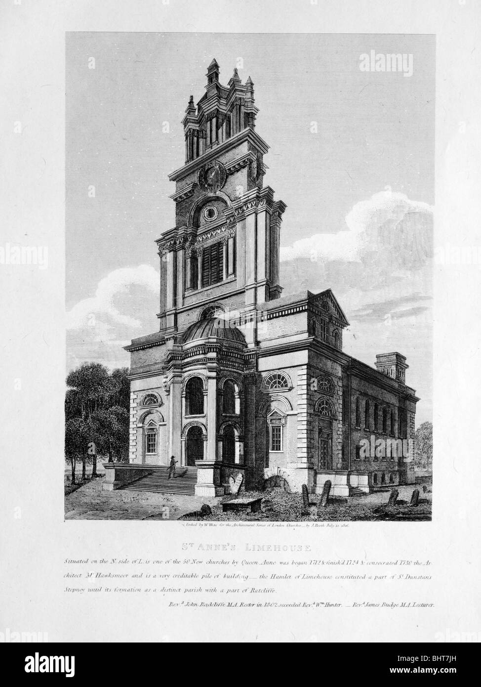 Antique etching of Saint Anne's, Limehouse Stock Photo