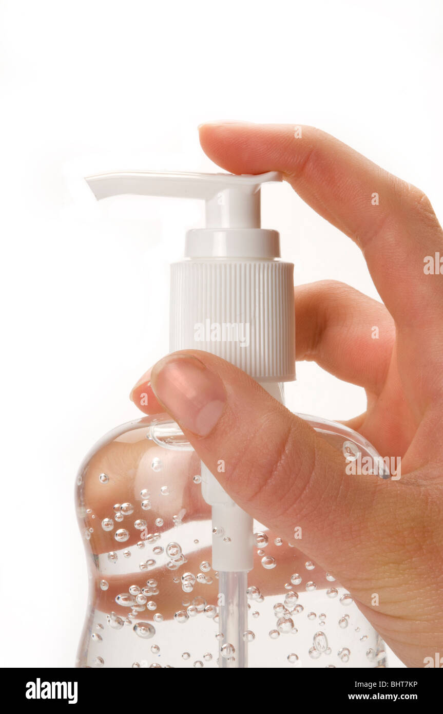 hand holding sanitizing antibacterial gel Stock Photo