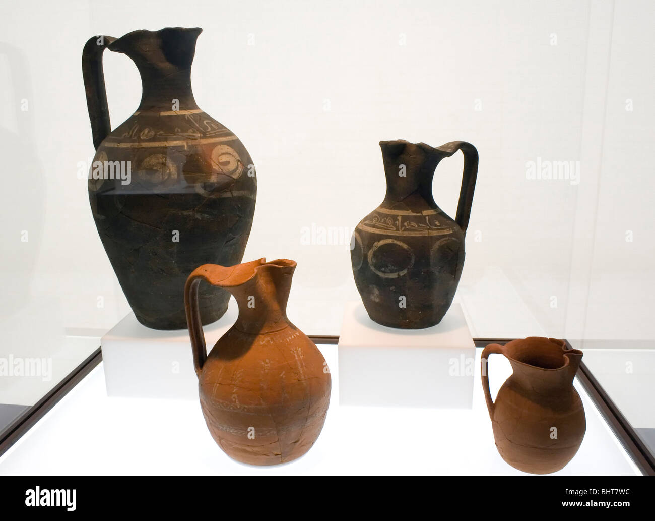 Bisque clay jugs with white painted decoration from the second half of the tenth century. Stock Photo