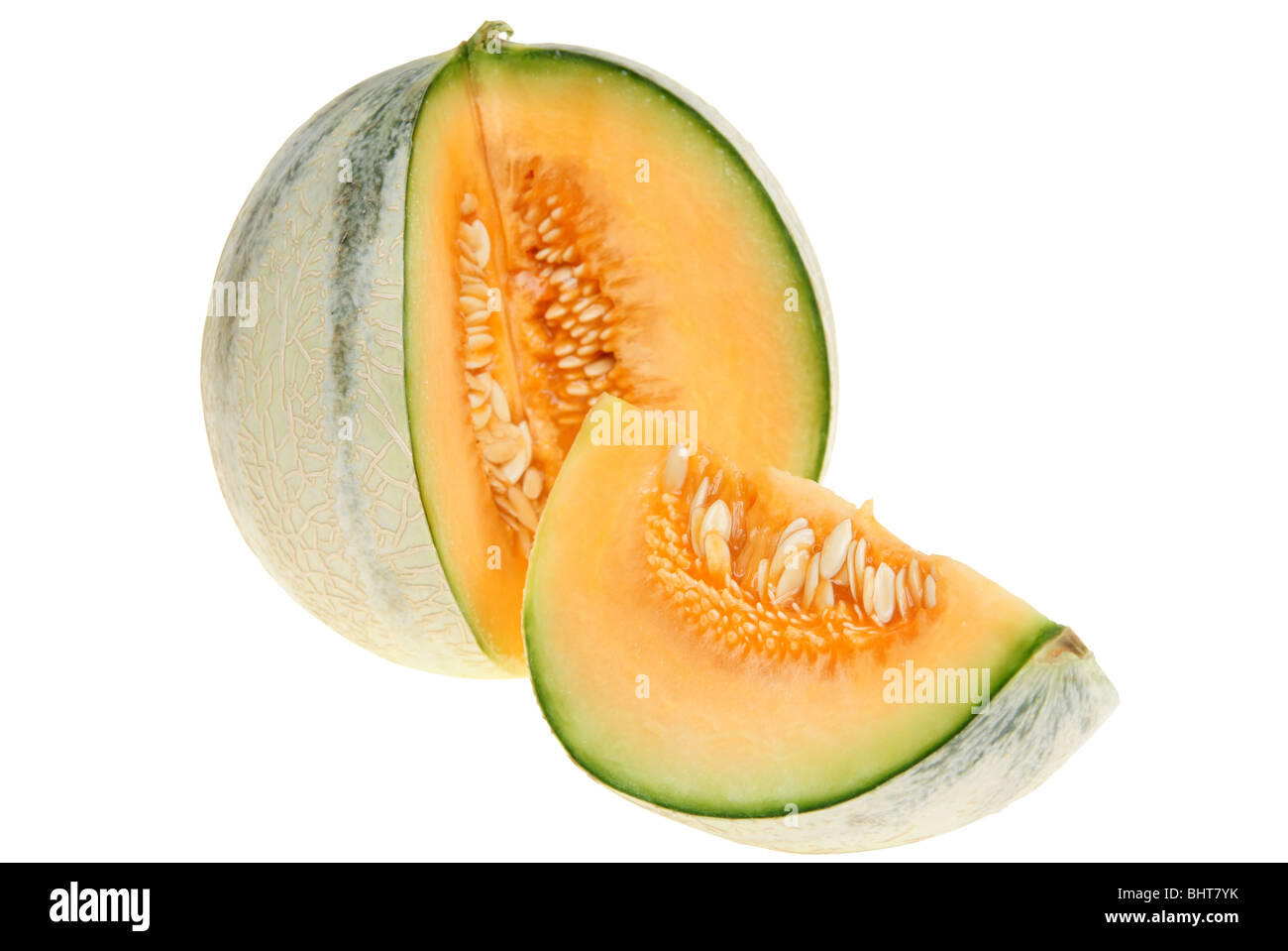 Big cut yellow melon isolated on white background Stock Photo