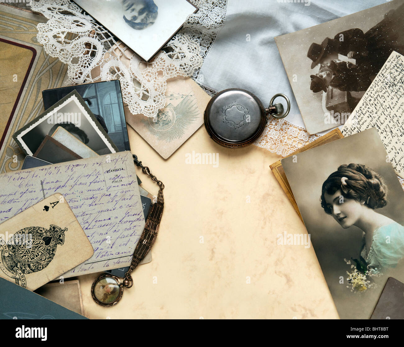 Memories. Composition of vintage photographs and other objects. Stock Photo