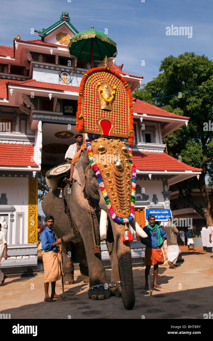 India, Kerala, Koorkancherry, Thaipooya Mahotsavam festival caparisoned elephant inside Sree Maheswara Temple, Stock Photo