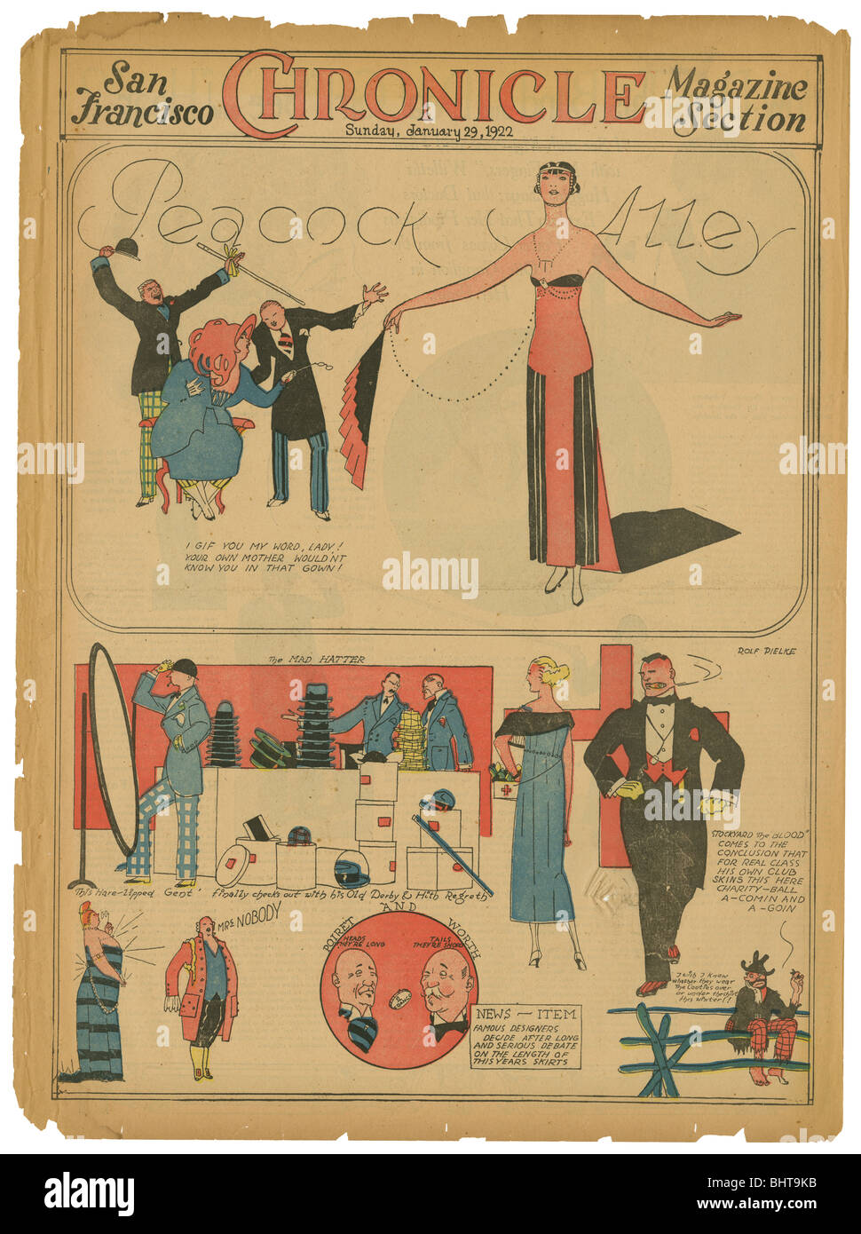 Sunday January 29, 1922 San Francisco Chronicle Magazine Section. Peacock Alley, flapper artwork, Art Deco by Rolf Pielke. Stock Photo
