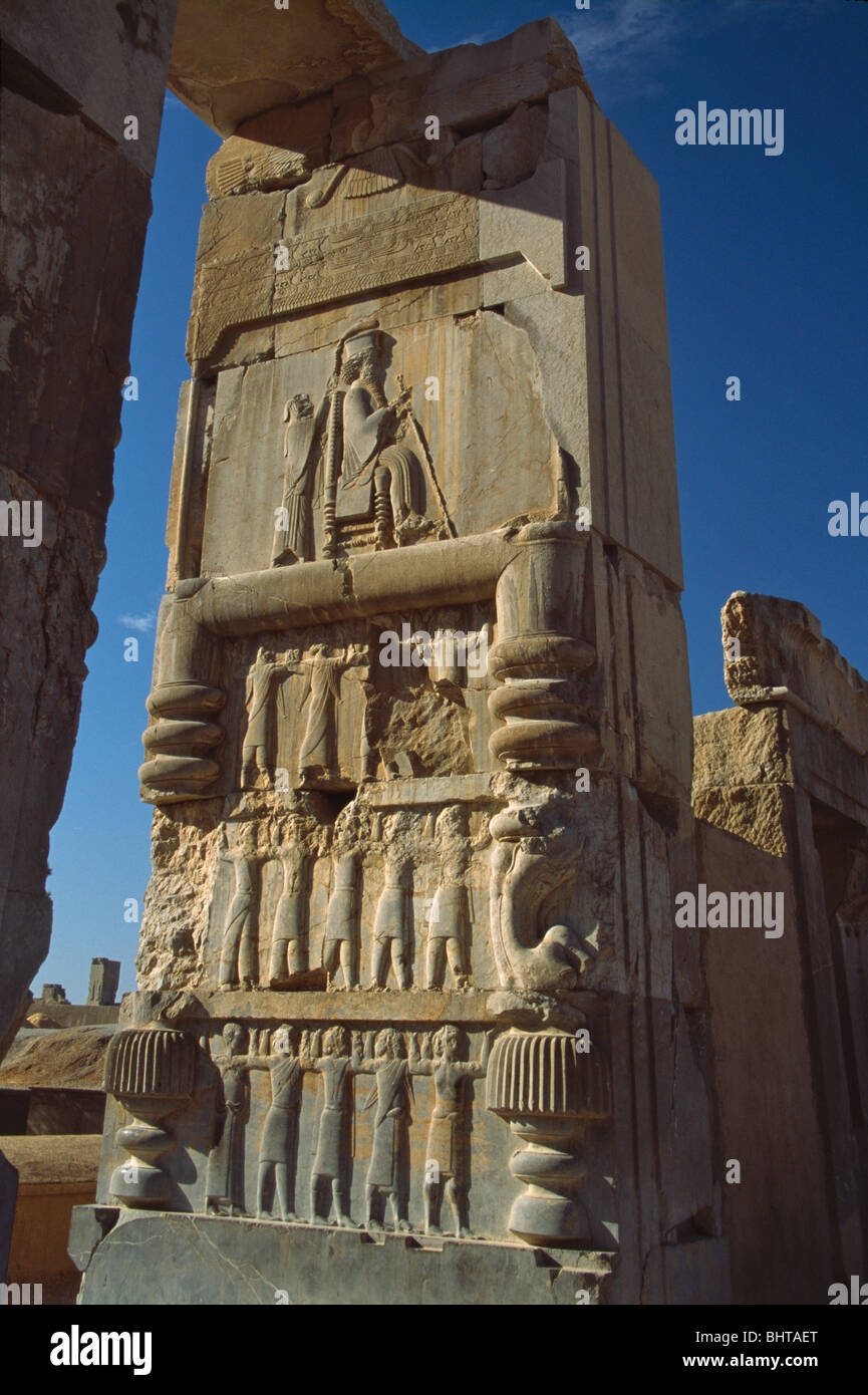 Relief sculptures on the huge colossi at Apadana Palace, Persepolis, Iran Stock Photo