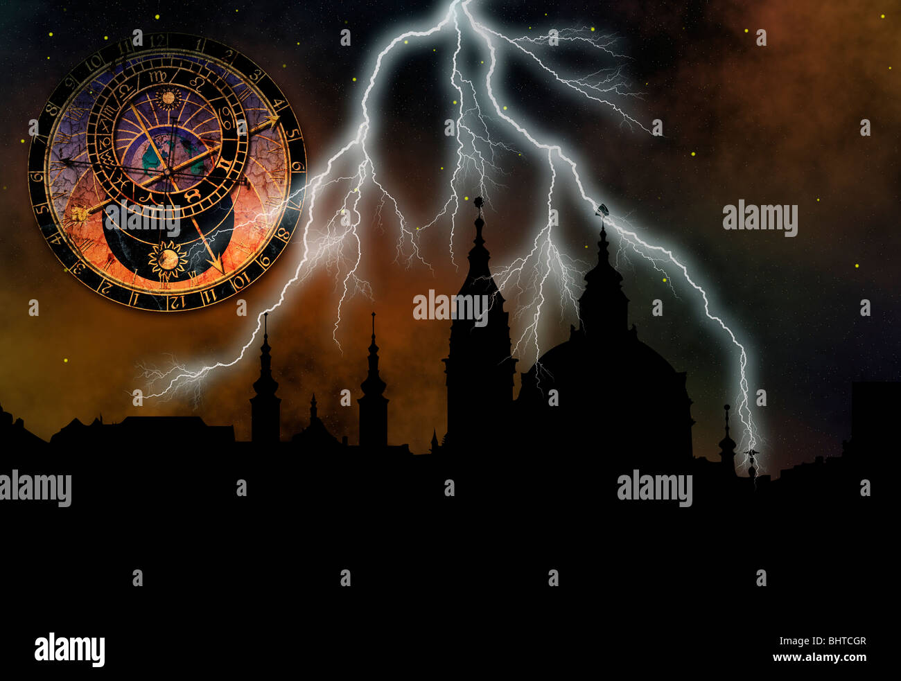 Outline of the St Nikolas church - one of the most important buildings of baroque Prague - at stormy night Stock Photo