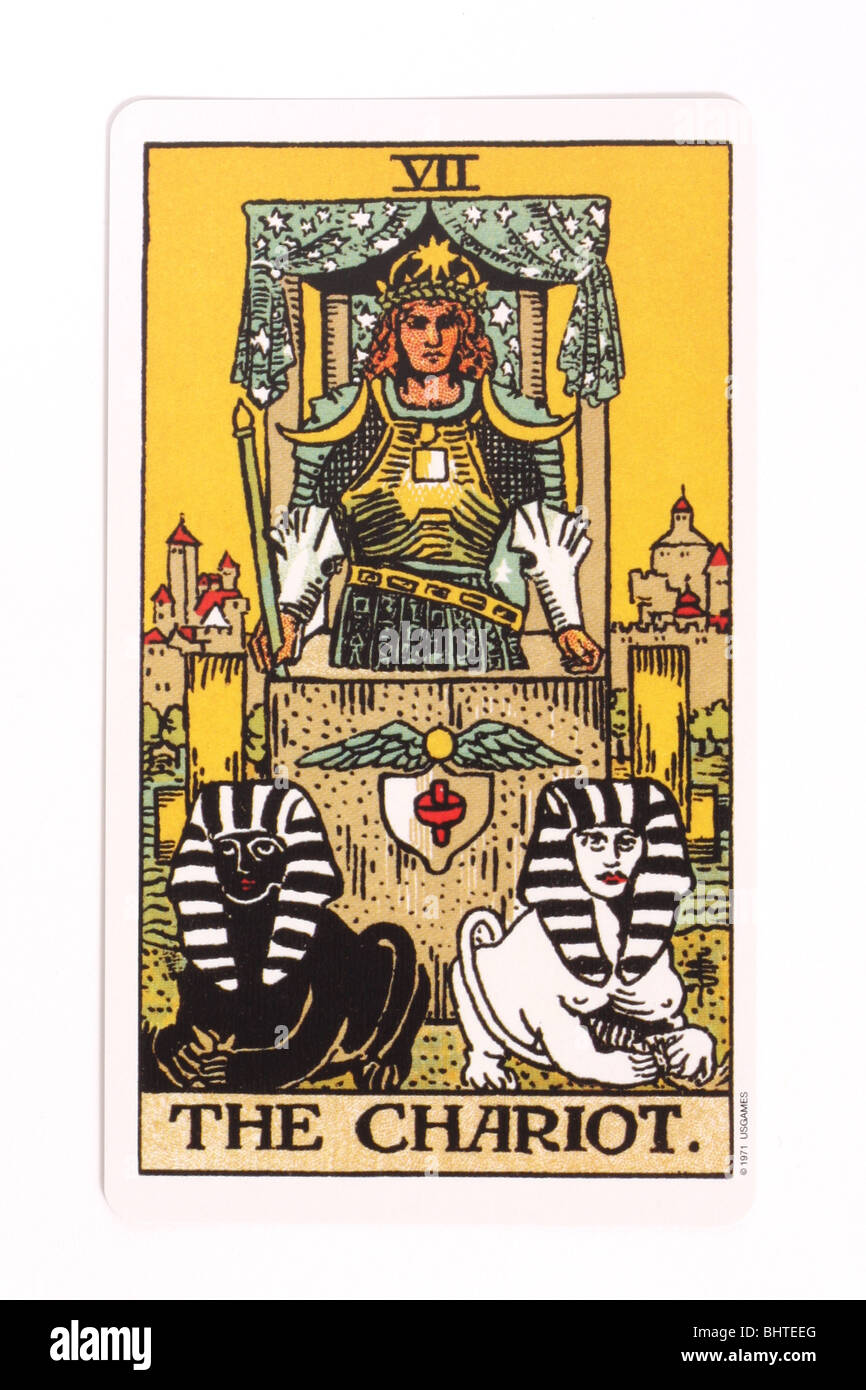 The Chariot card from a traditional tarot pack. Stock Photo