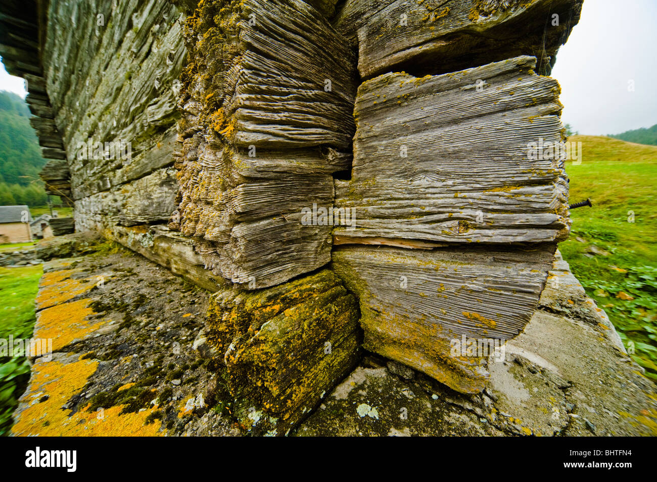 Weathered logs of old wooden granary at Alpe Devero, Parco Naturale Veglia Devero, Piemonte, Italy Stock Photo
