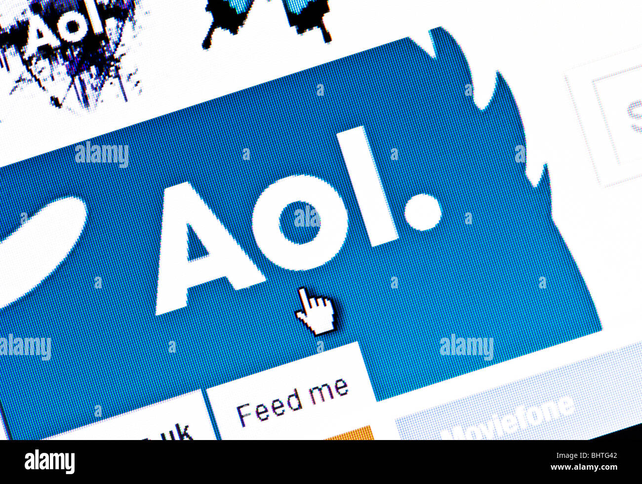 Macro screenshot of the AOL website featuring the new corporate logo introduced in 2009 when AOL split from Time Warner. Stock Photo
