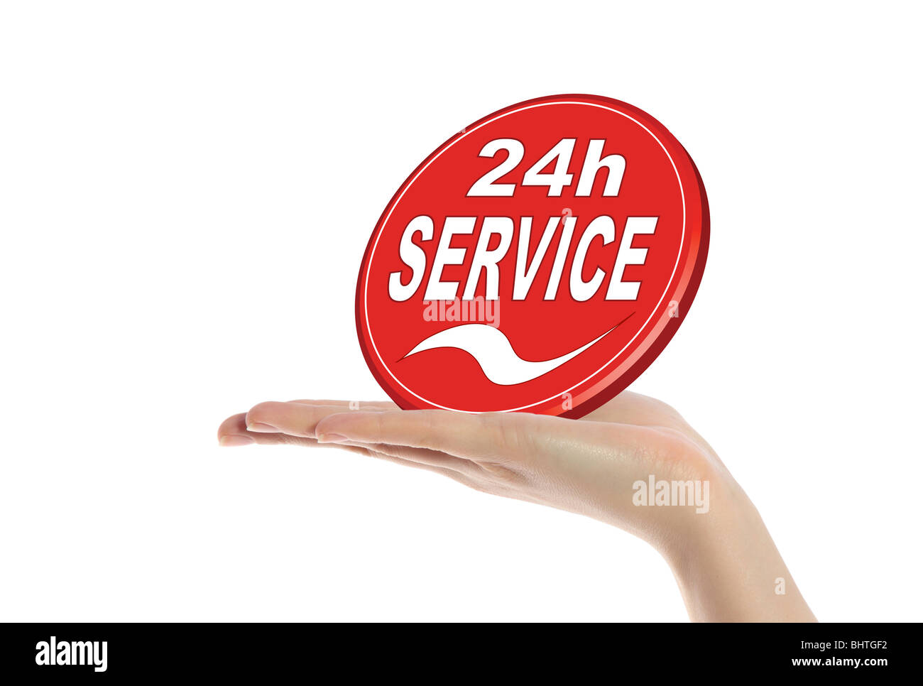 A neat human hand holding a stylized sign that offers a 24 hour service. All isolated on white background. Stock Photo