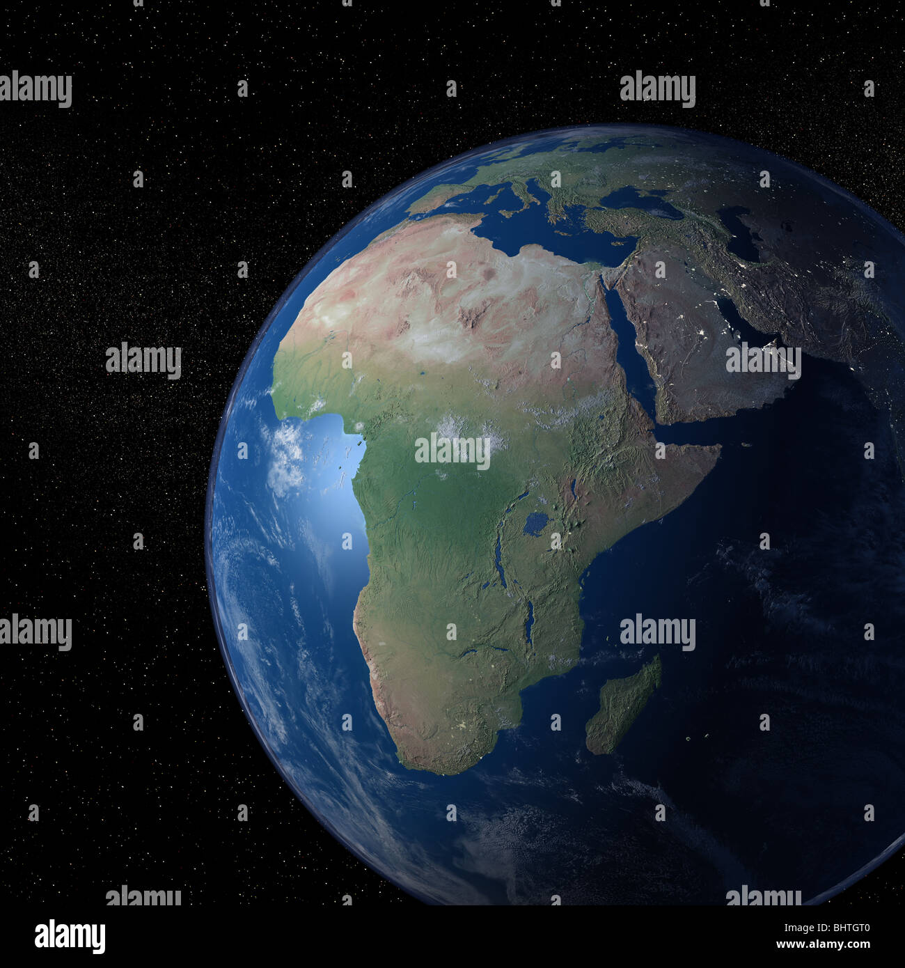 An exceptional quality photo-realistic rendered image of the Earth as seen from space on a background of stars Stock Photo