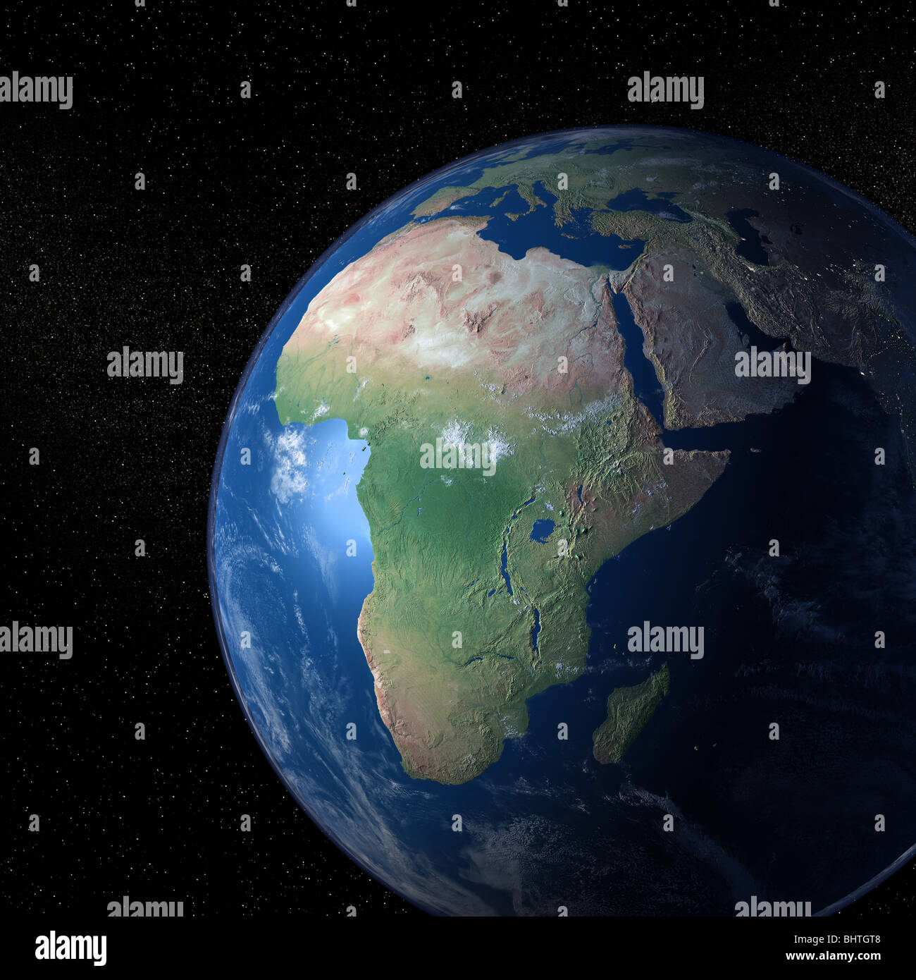 An exceptional quality photo-realistic rendered image of the Earth as seen from space on a background of stars Stock Photo