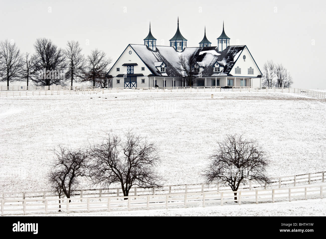 Snow Covered Manchester Horse Farm in Fayette County, Kentucky Stock