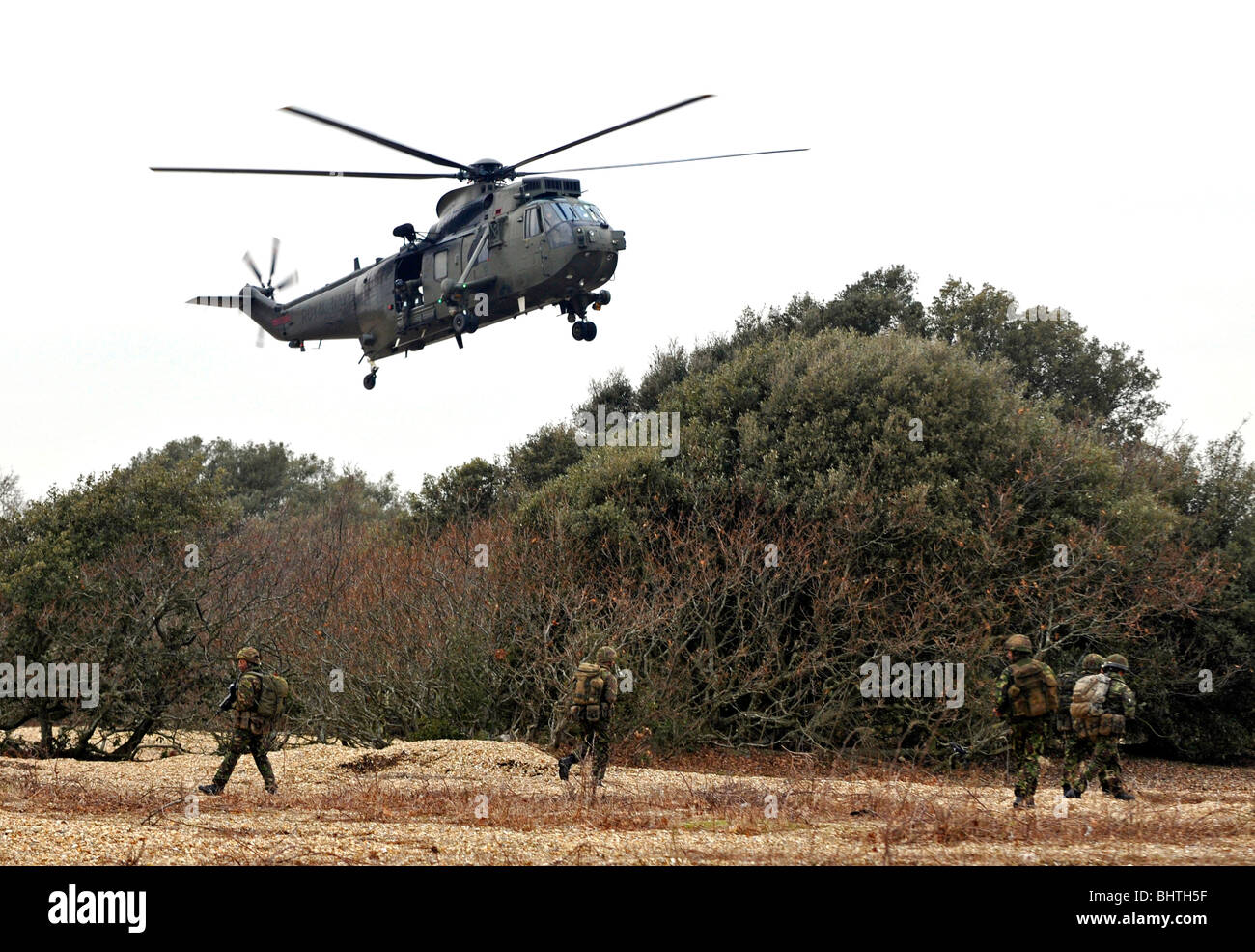 Royal Navy Sea King helicopter dropping off troops, taking off, landing Stock Photo