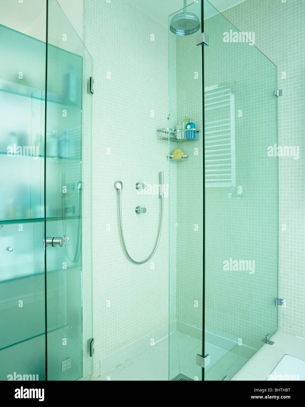 Glass shower in modern white bathroom Stock Photo Alamy